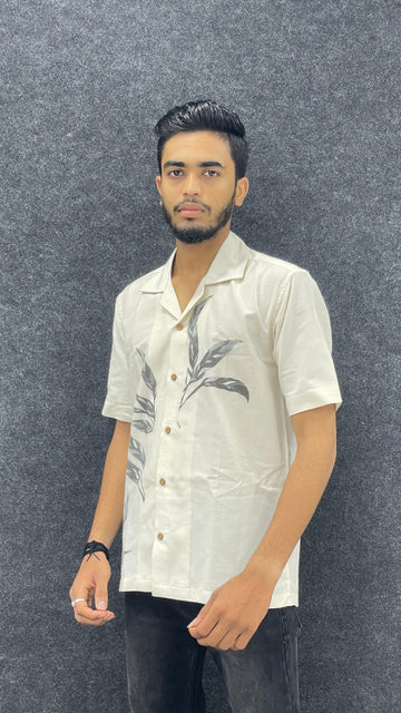 LINEN PRINTED SHIRT WITH GRAY LEAF DESIGN